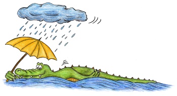 Zeichnung eines Krokodils, das bei Regen im Wasser schwimmt