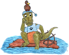 Zeichnung eines schiffbrüchigen Krokodils auf einer Holzplanke