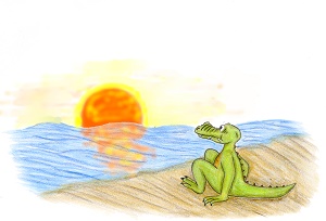 Zeichnung eines Krokodils am Strand bei Sonnenuntergang